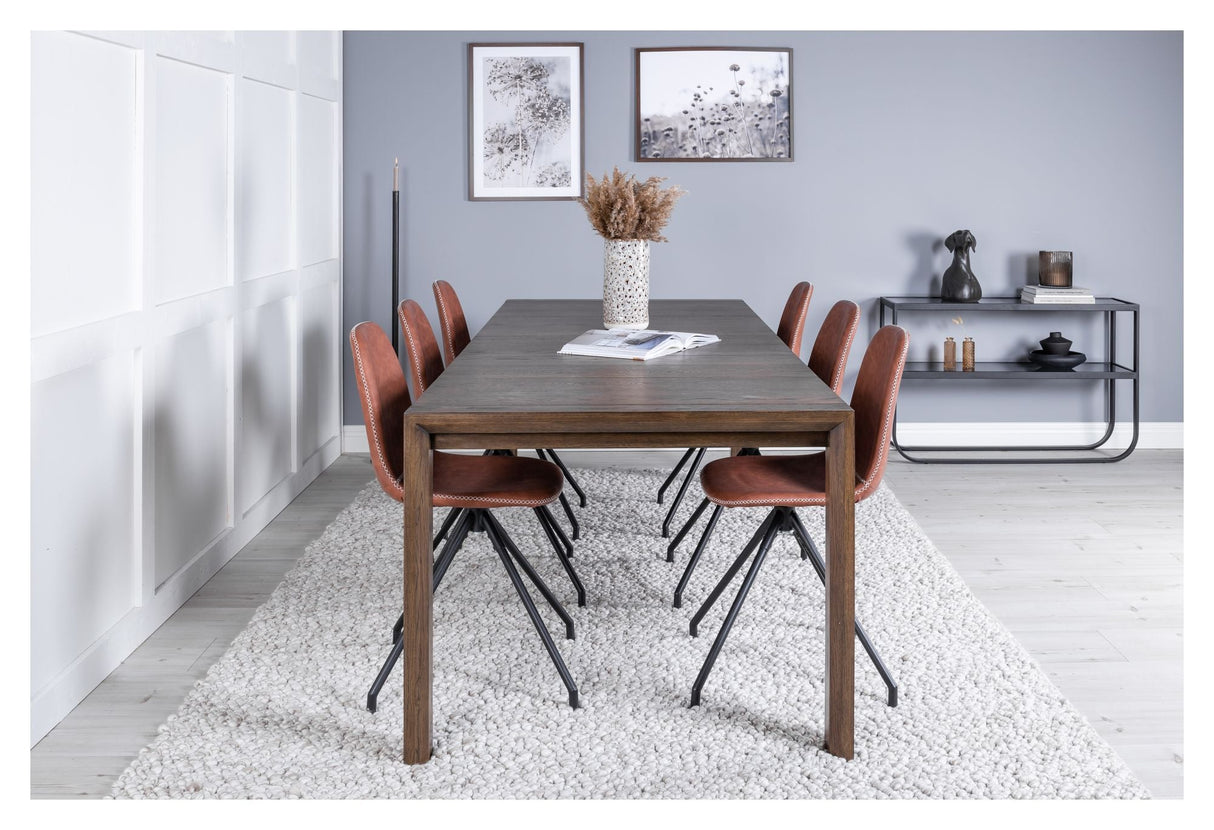 Slider Dining table w. extension, Smoked oak with 6 Polar chairs w. spin, Brown PU