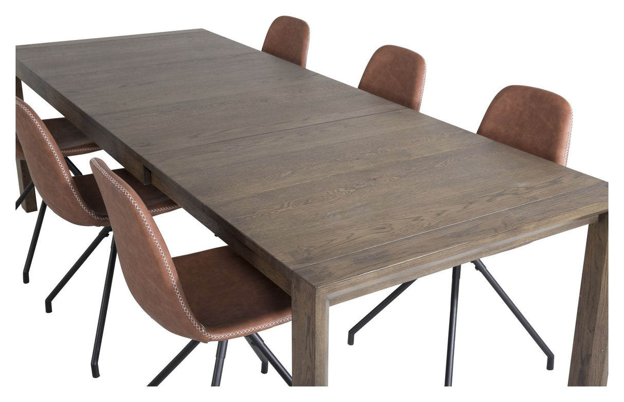 Slider Dining table w. extension, Smoked oak with 6 Polar chairs w. spin, Brown PU