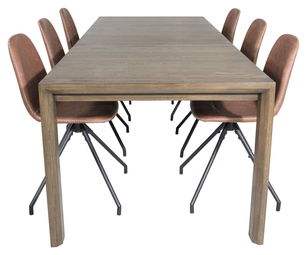 Slider Dining table w. extension, Smoked oak with 6 Polar chairs w. spin, Brown PU