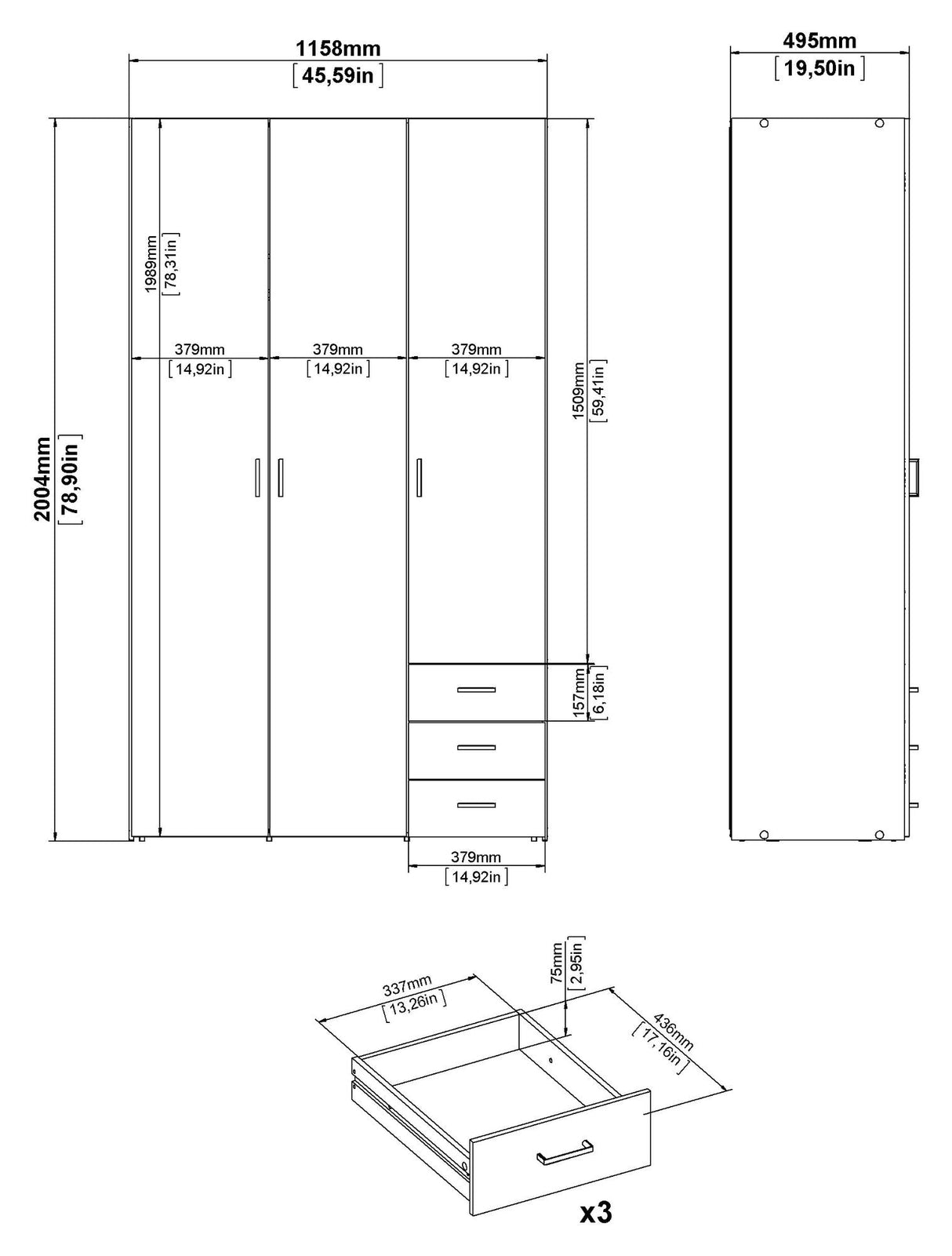 Space Wardrobe - White w/drawers