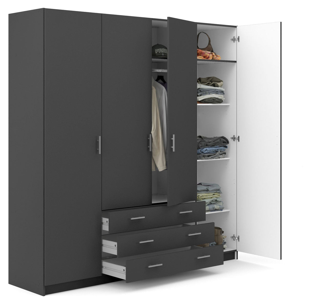 Sprint Wardrobe 4 doors and 3 drawers - Gray