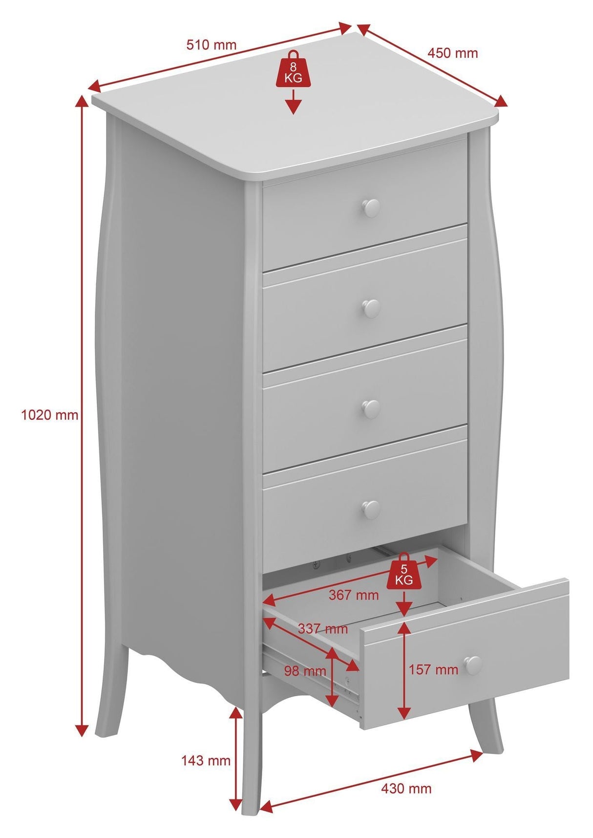 Baroque Chest narrow with 5 drawers, White