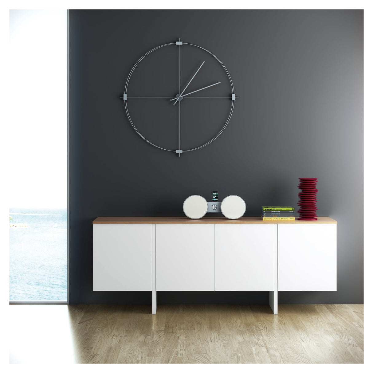 Edge Sideboard with 4 doors, Matte white/Oak veneer top