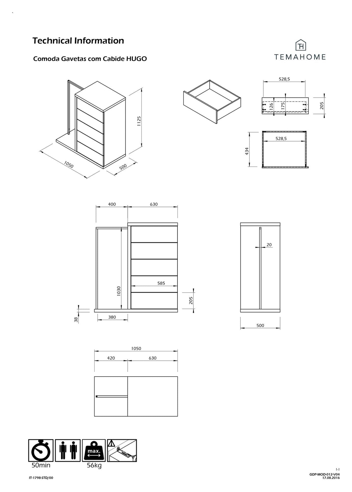 Hugo Chest w. 5 drawers and hangbar, Nature