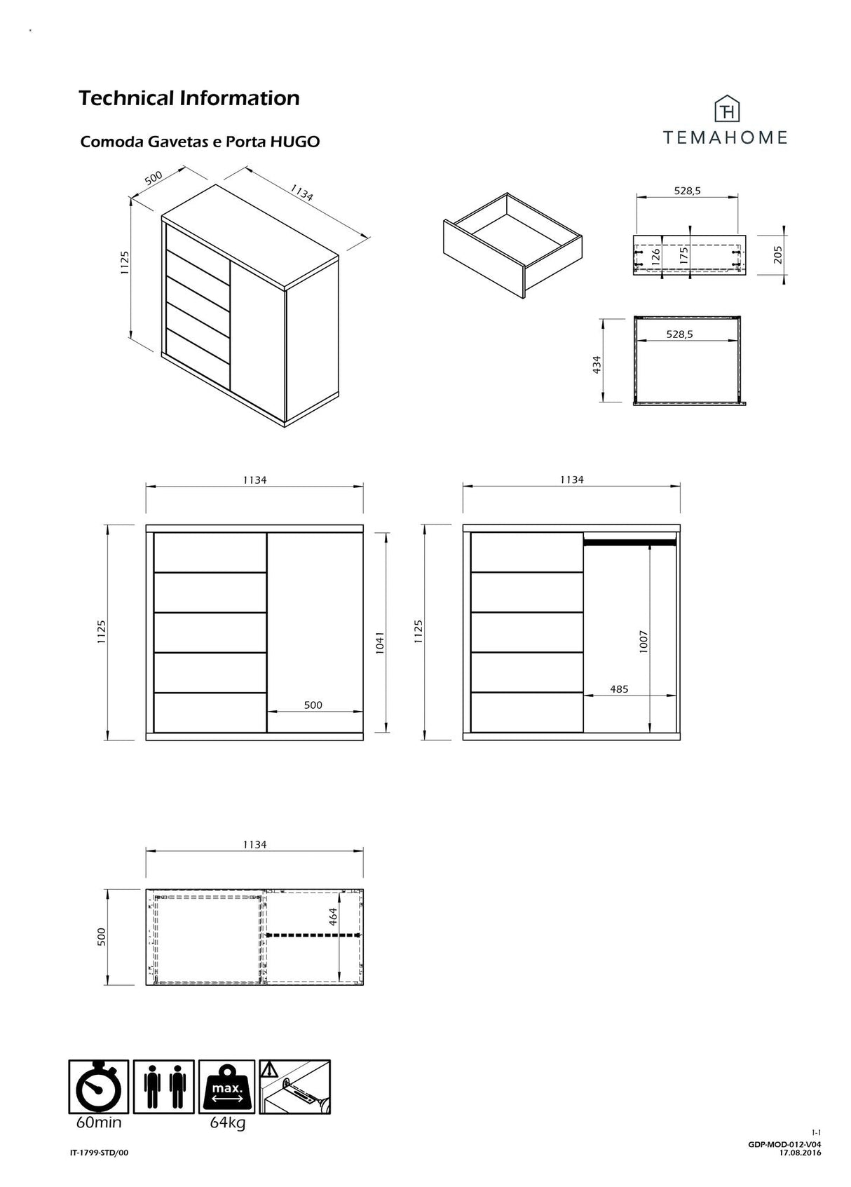 Hugo Chest w. 5 drawers and cupboard, White/Nature