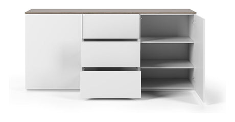 Join Sideboard with 2 doors and 3 drawers, Mat white/Walnut Top, 180x50x84