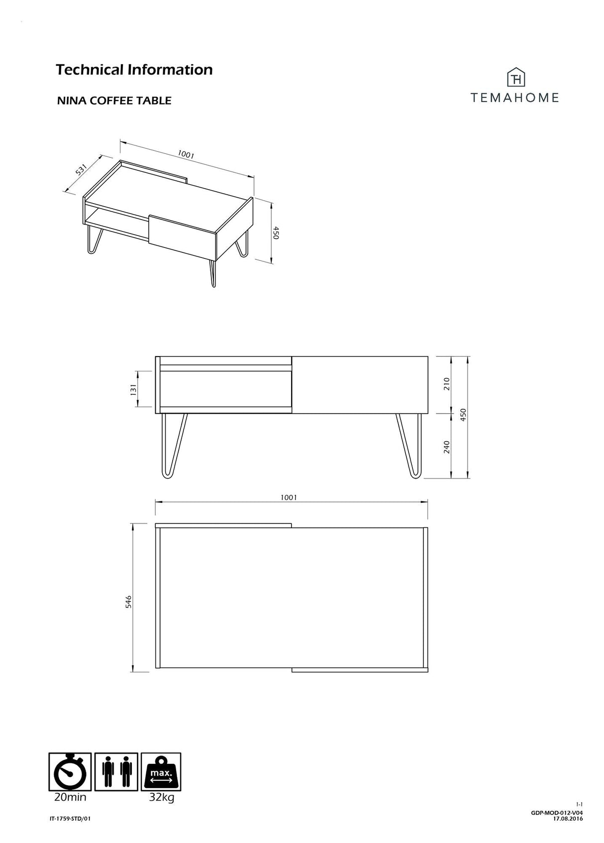 Nina Coffee Table, White/Nature