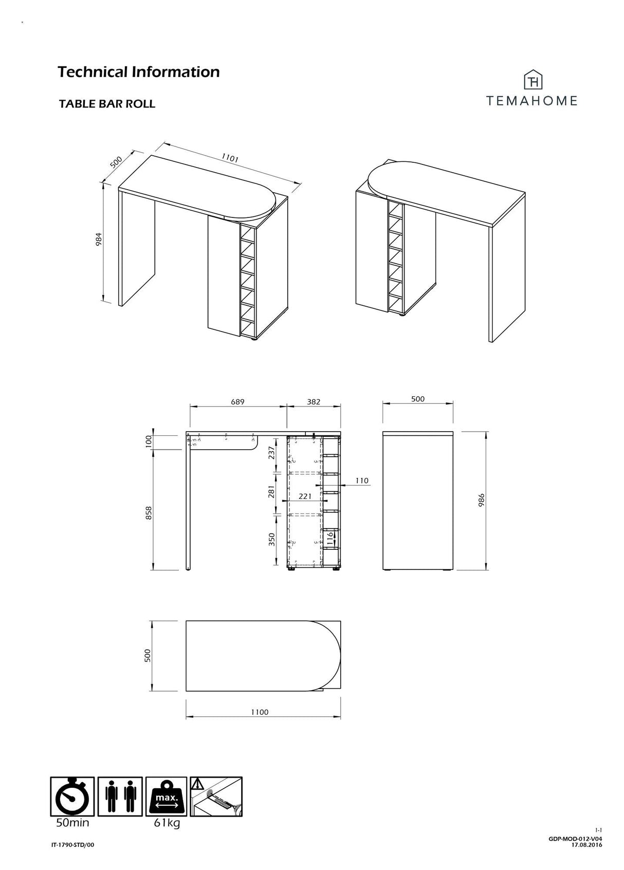 Roll Bar Table, White/Nature