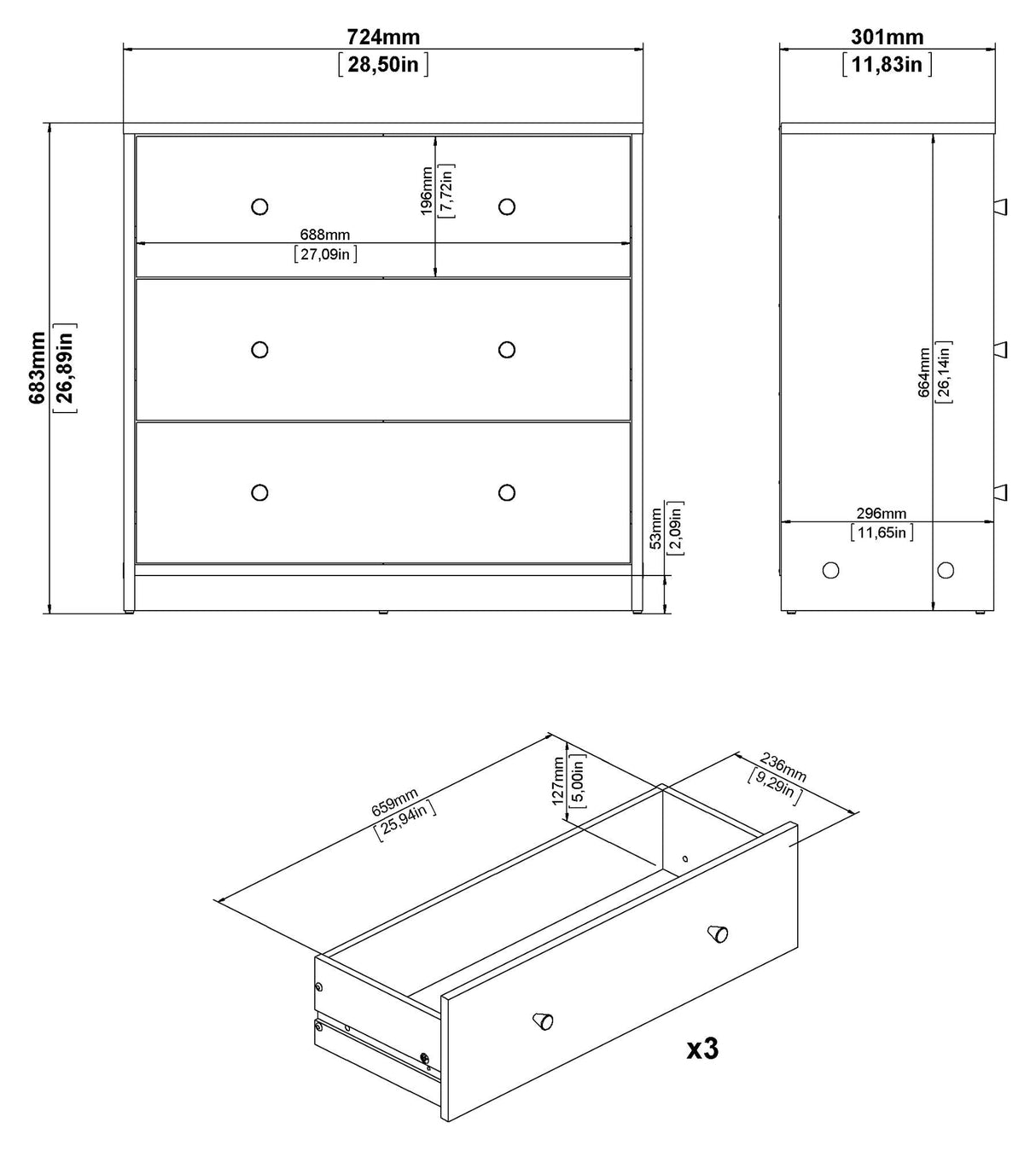 May Chest w. 3 drawers, White