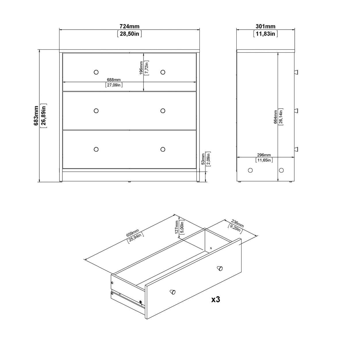 May Chest w. 3 drawers, Jackson Hickory