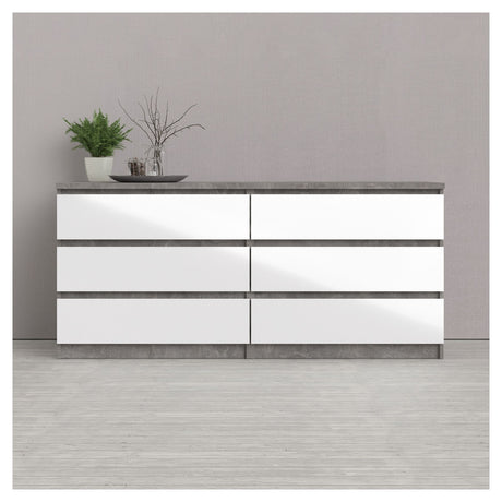 Naia Double dresser w. 6 drawers, Concrete/White high gloss