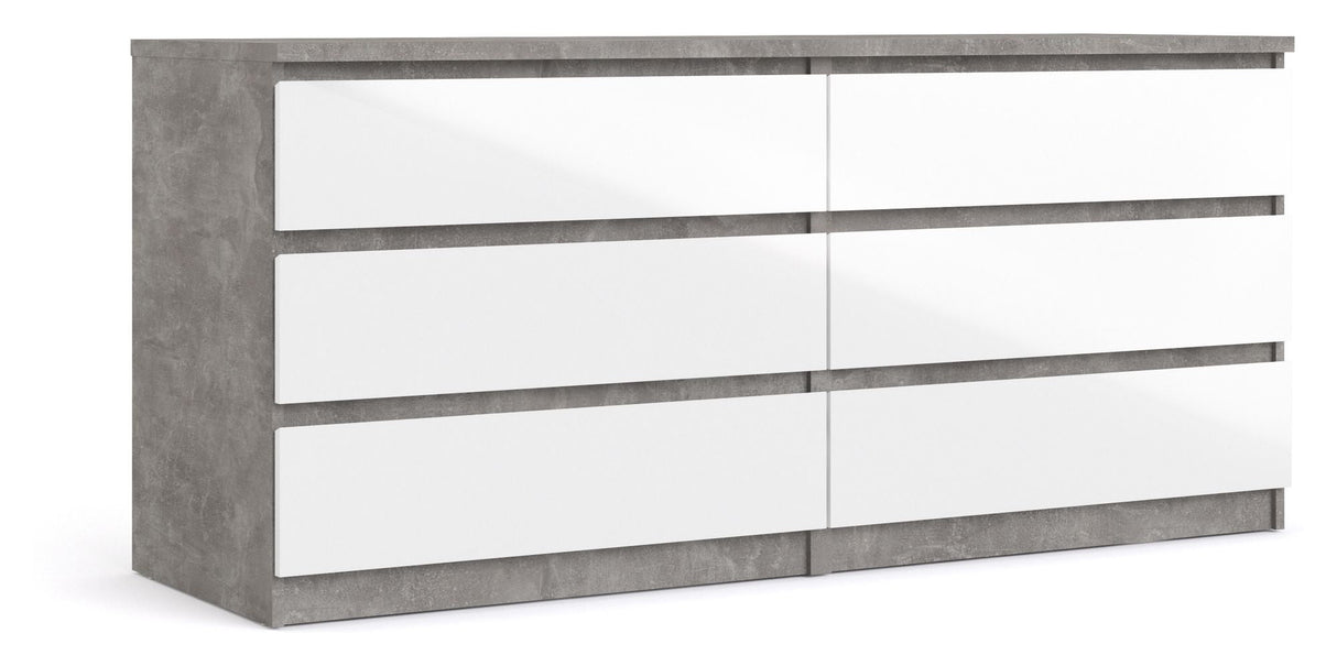 Naia Double dresser w. 6 drawers, Concrete/White high gloss