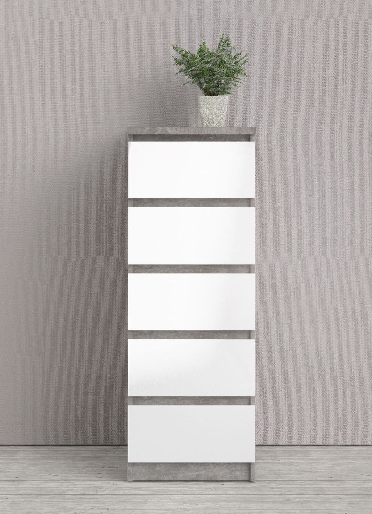 Naia Chest 5 drawers, Concrete look/White