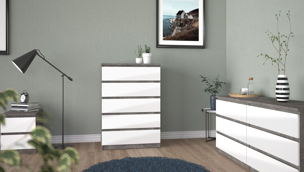 Naia Chest w. 5 drawer,r Concrete/White high gloss