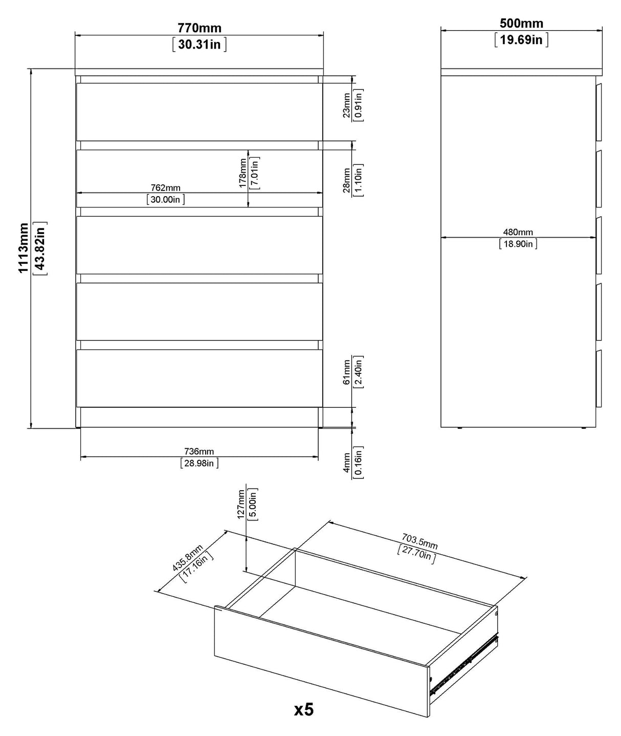 Naia Chest w. 5 drawer,r Concrete/White high gloss