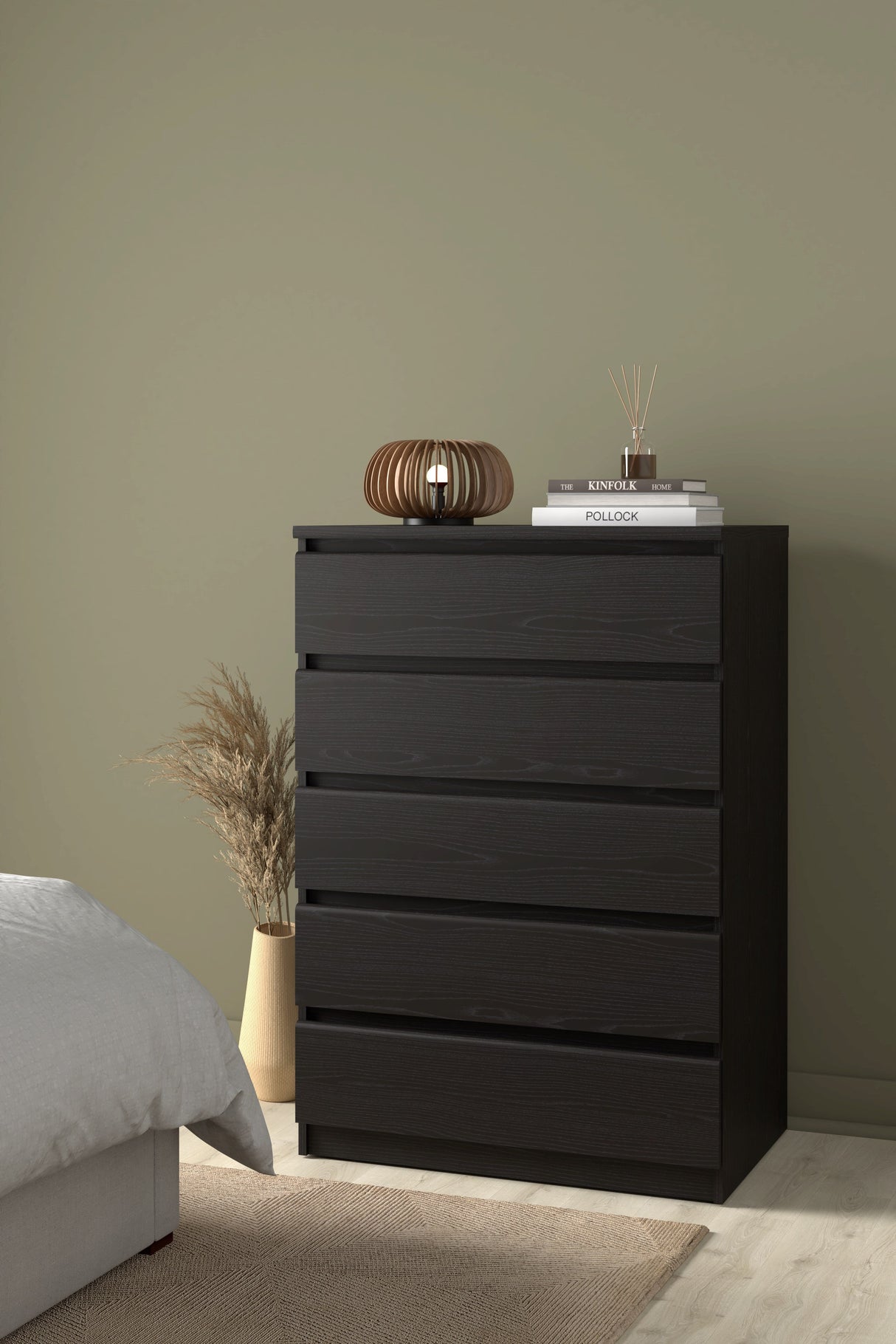 Naia Chest w. 5 drawers, Black Wood Grain