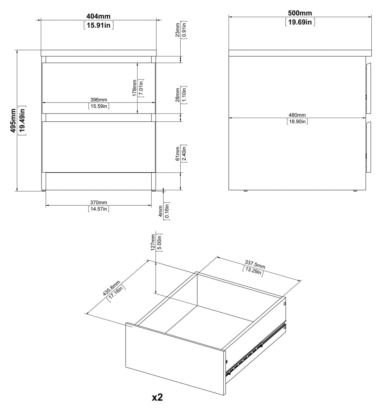 Naia Nightstand w. 2 drawers, Concrete/White high gloss