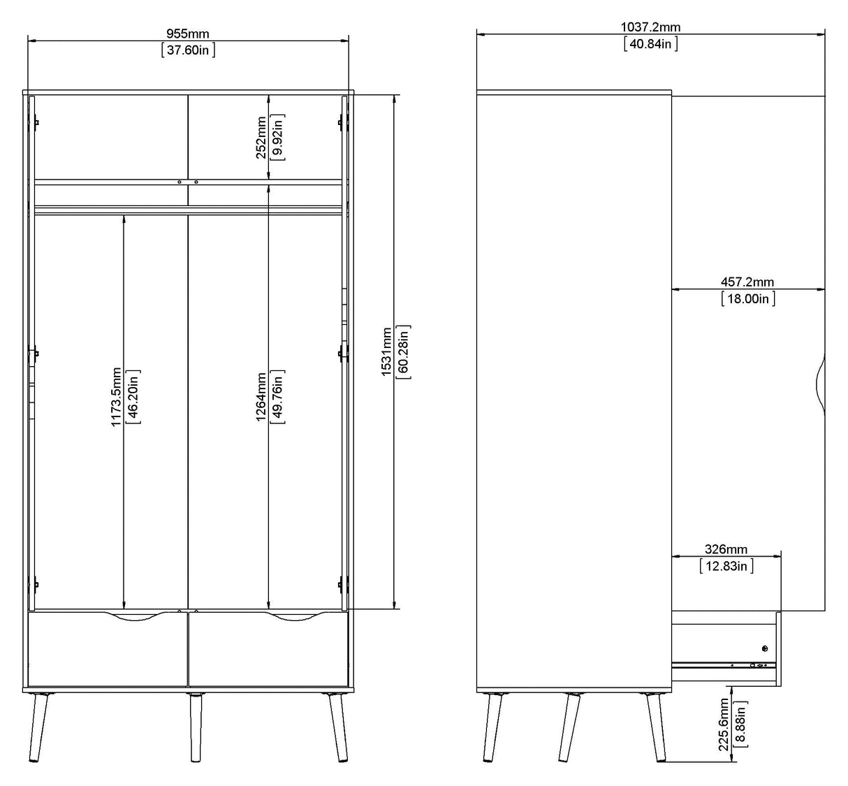 Delta Wardrobe w. 2 doors, matt black w. Oak structure foil