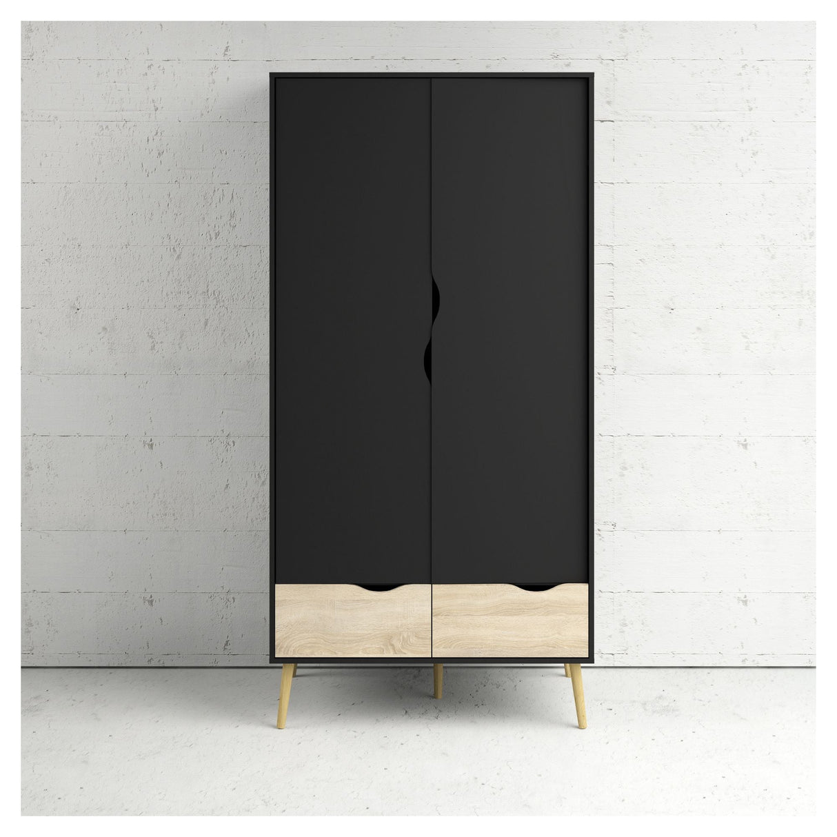 Delta Wardrobe w. 2 doors, matt black w. Oak structure foil