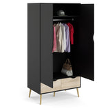 Delta Wardrobe w. 2 doors, matt black w. Oak structure foil