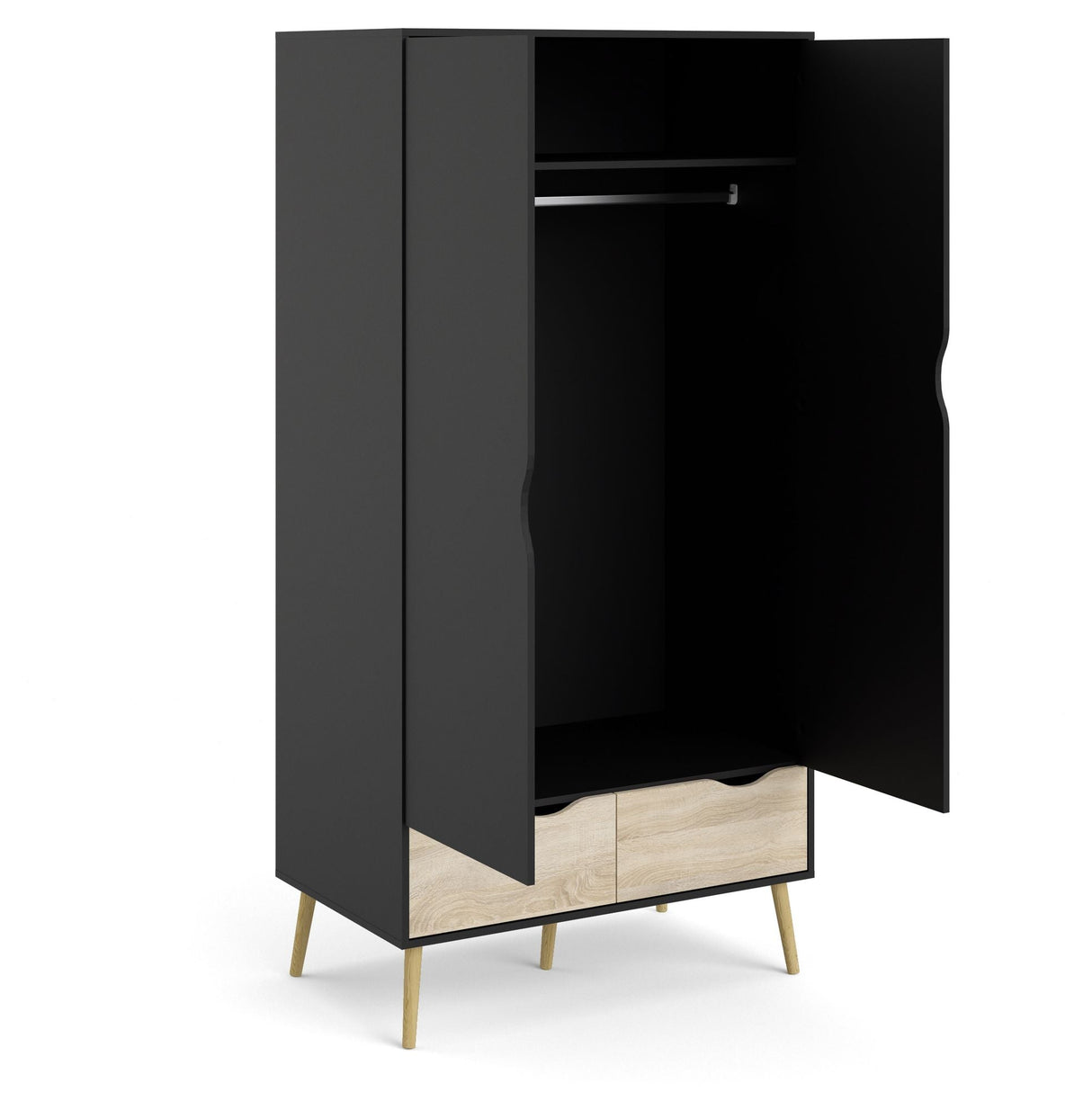 Delta Wardrobe w. 2 doors, matt black w. Oak structure foil