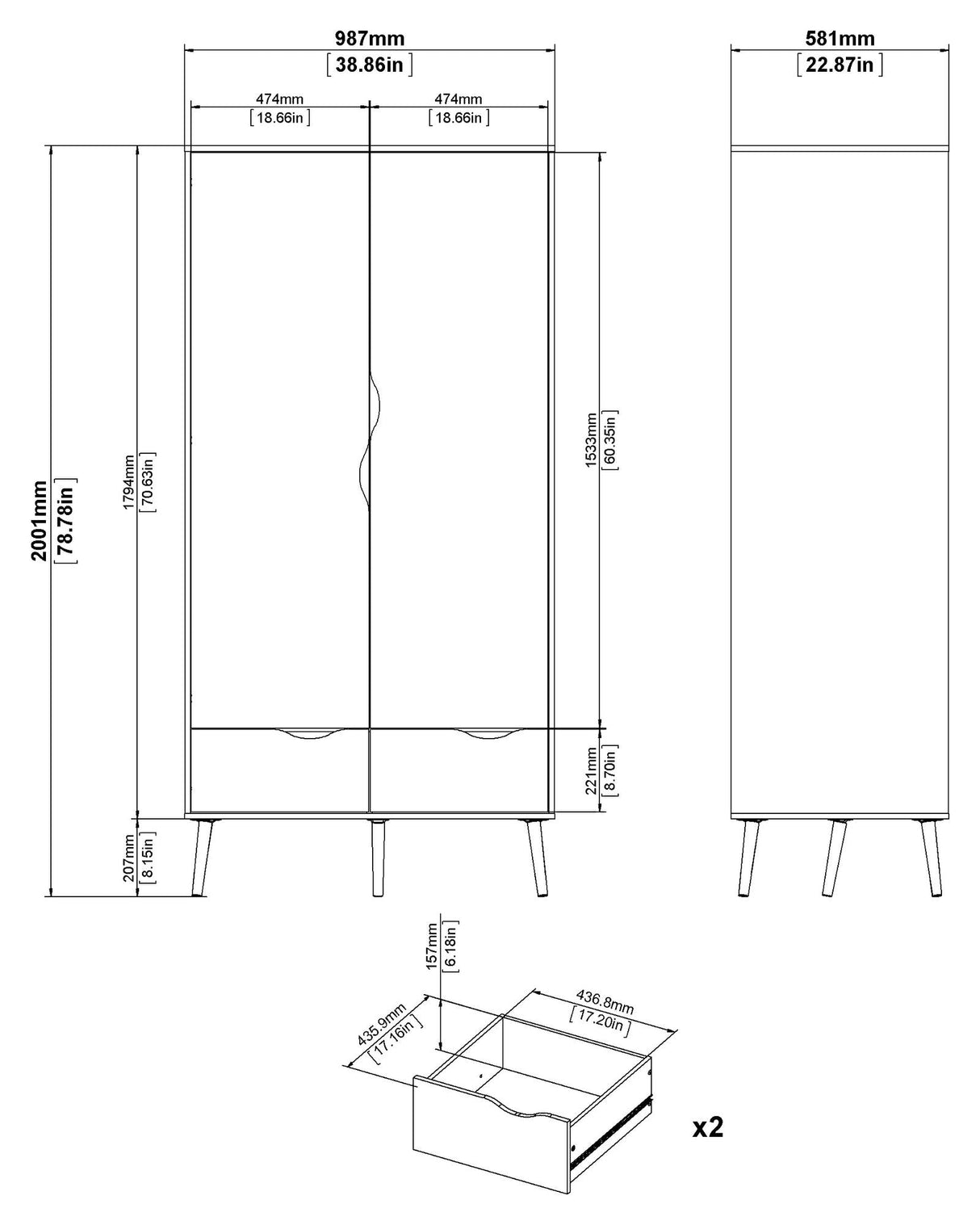 Delta Wardrobe w. 2 doors, matt black w. Oak structure foil