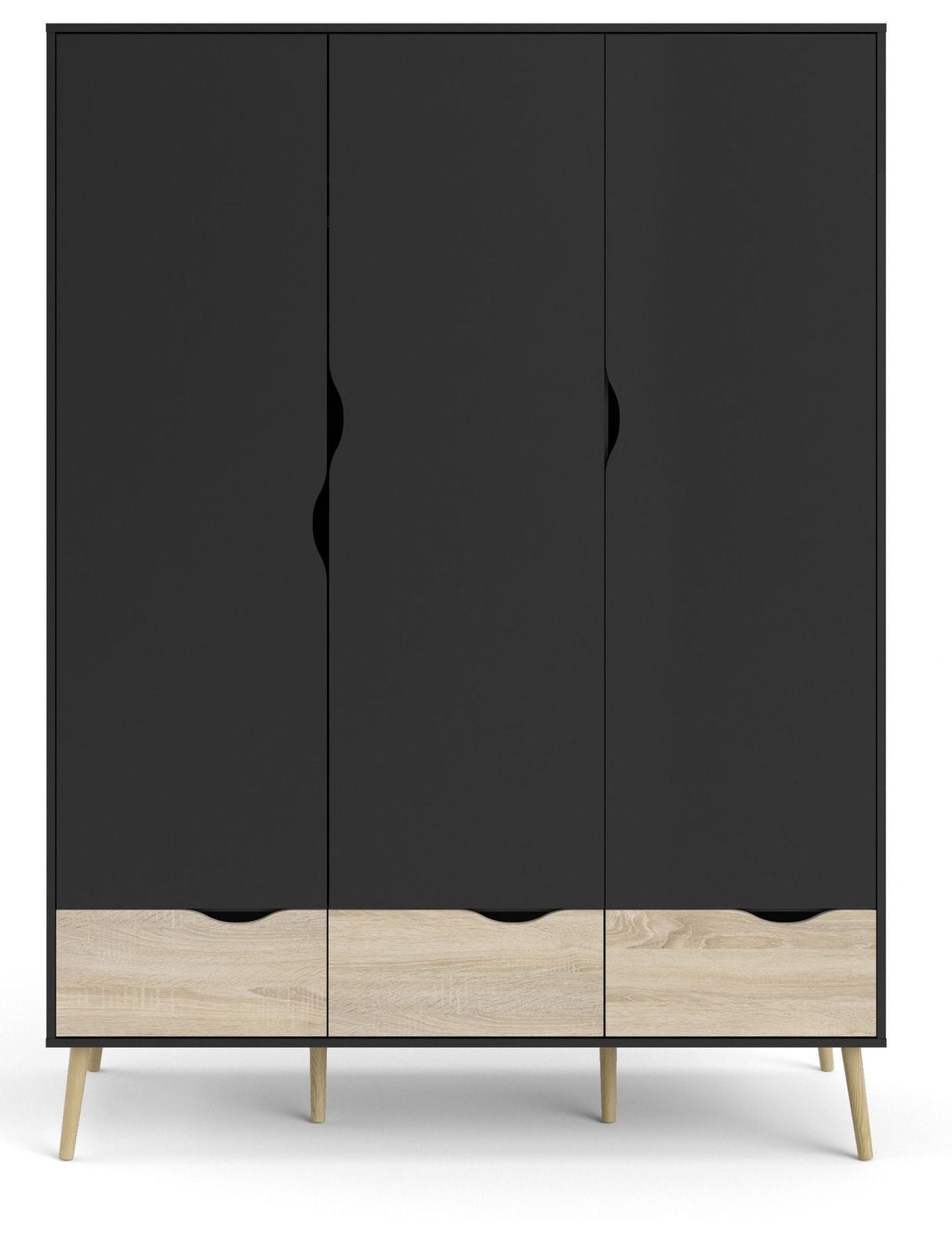 Delta Wardrobe w. 3 doors, matt black w. Oak structure foil