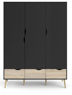 Delta Wardrobe w. 3 doors, matt black w. Oak structure foil