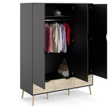 Delta Wardrobe w. 3 doors, matt black w. Oak structure foil