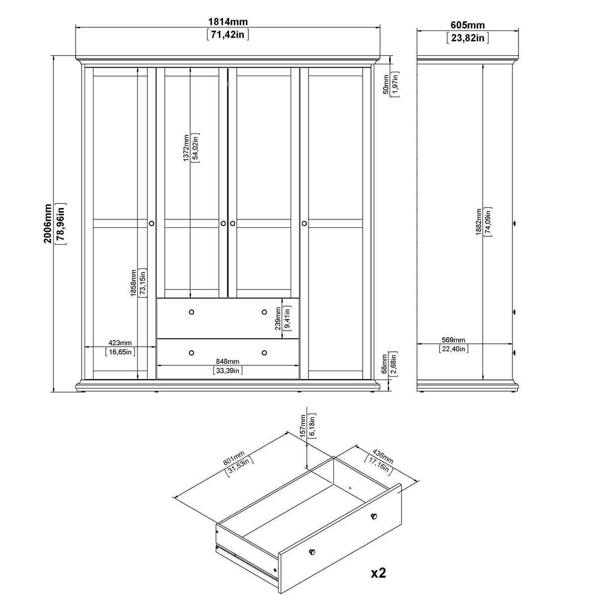 Paris Wardrobe with 4 doors and 2 drawers, 200x181, White