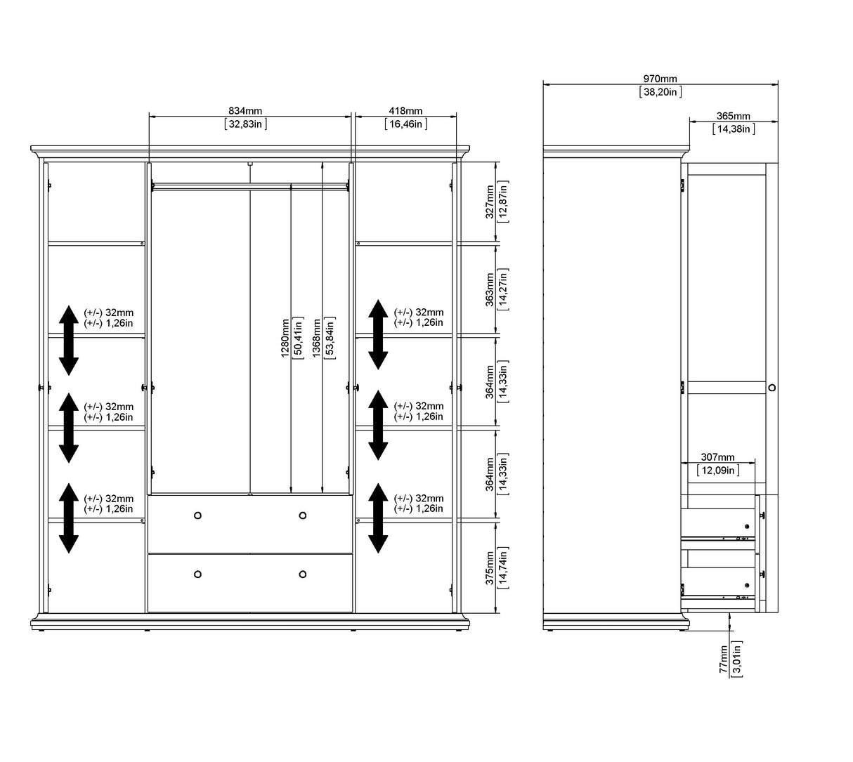 Paris Wardrobe with 4 doors and 2 drawers, 200x181, White