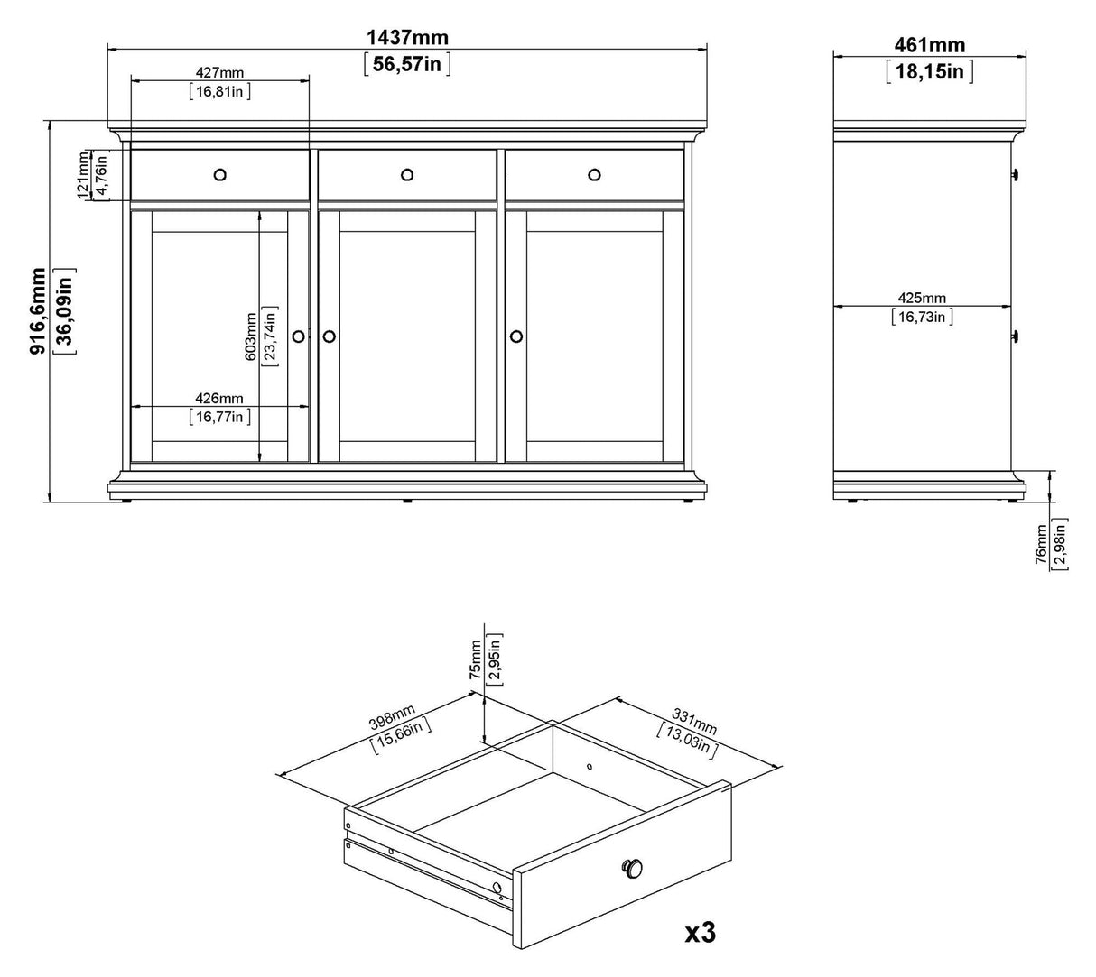 Paris Sideboard 3 doors + 3 drawers, Gray