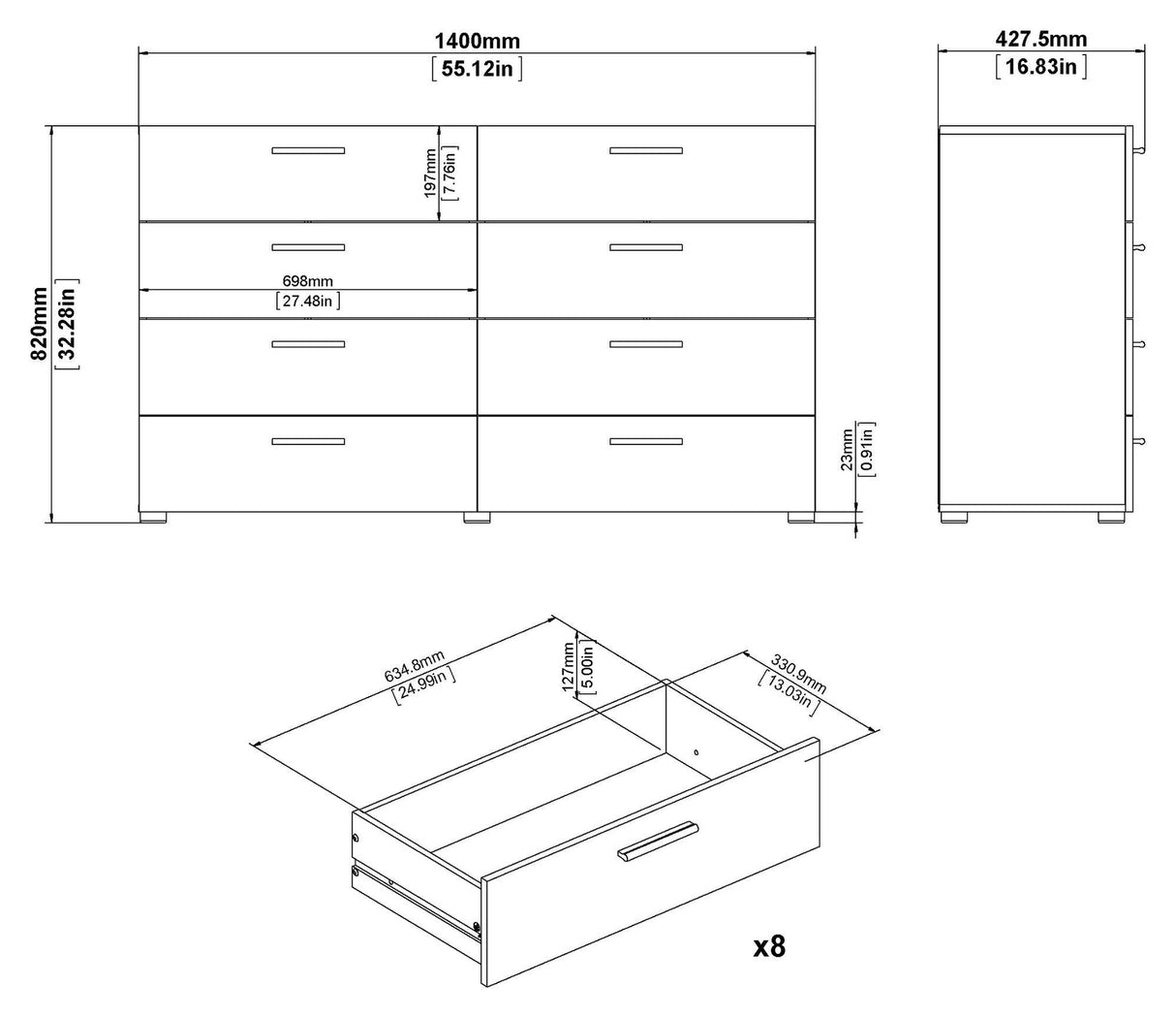 Pepe Double Chest 8 drawers, Oak look, White high gloss