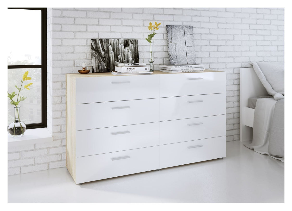 Pepe Double Chest 8 drawers, Oak look, White high gloss