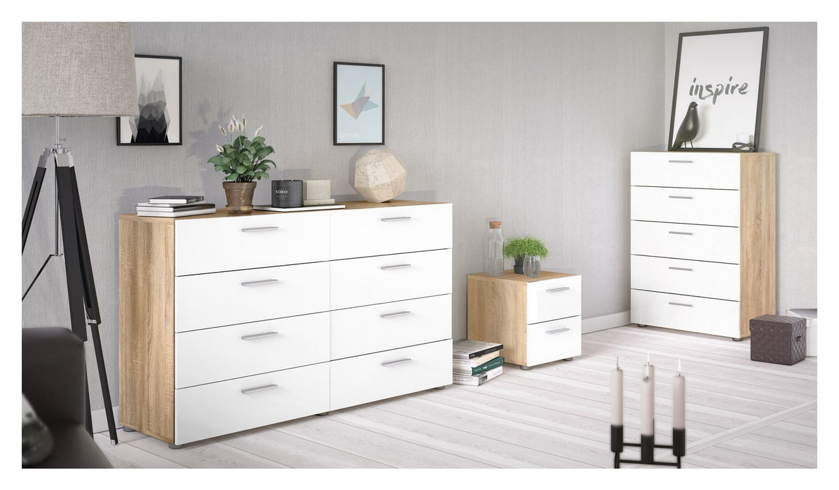 Pepe Double Chest 8 drawers, Oak look, White high gloss