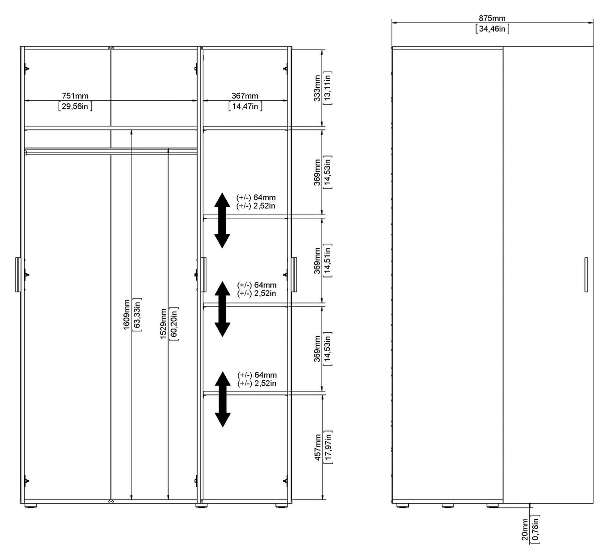 Pepe Wardrobe with 3 doors - Oak structure