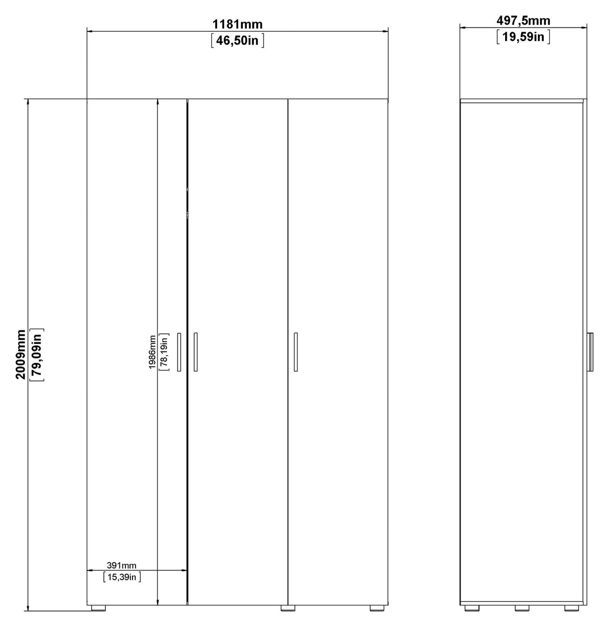 Pepe Wardrobe with 3 doors - Oak structure