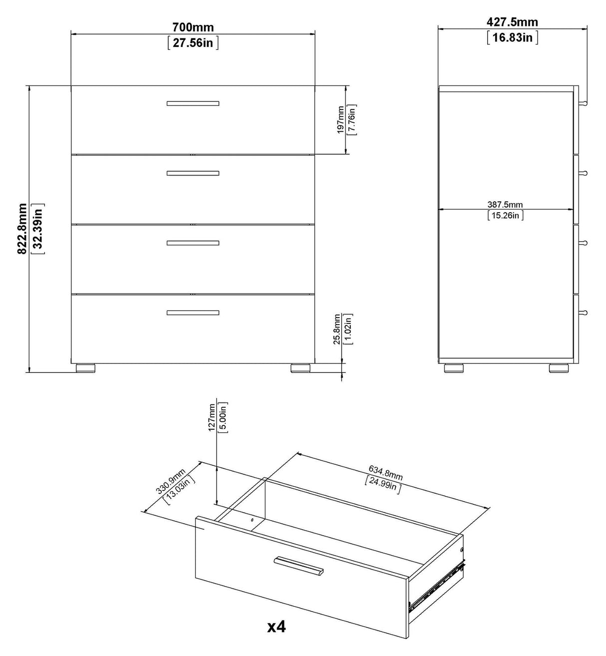 Pepe Chest 4 drawers, Oak look, White high gloss