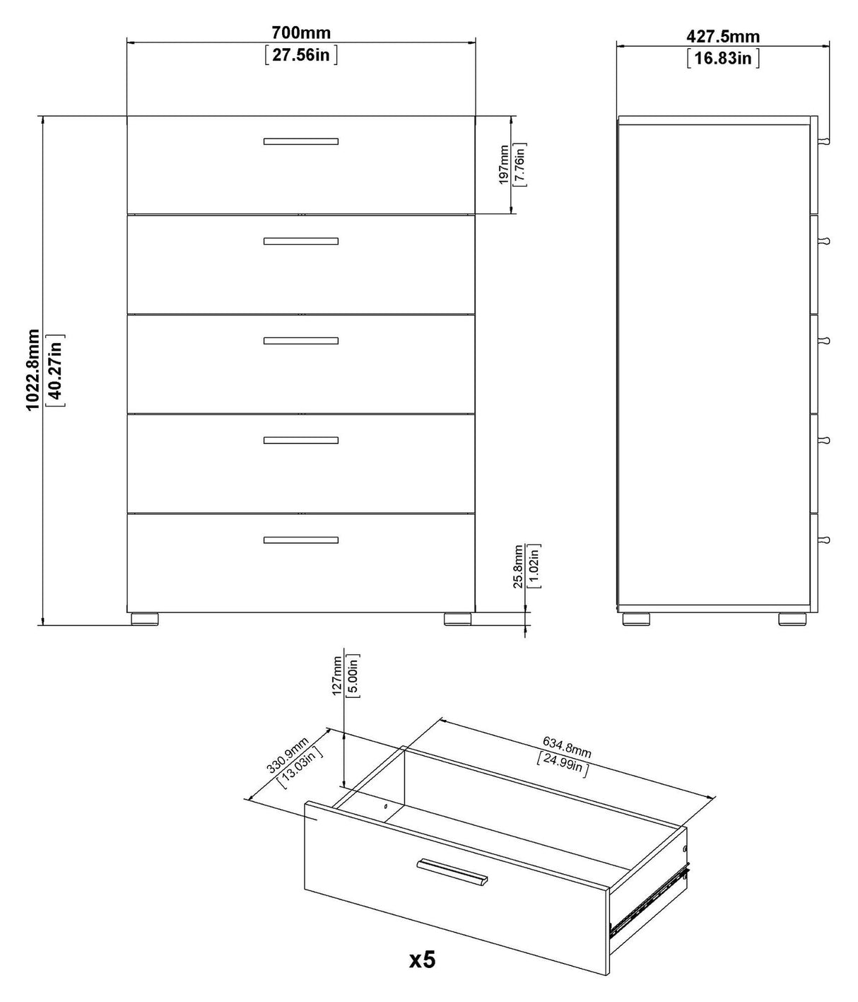 Pepe Chest 5 drawers, Oak look, White high gloss