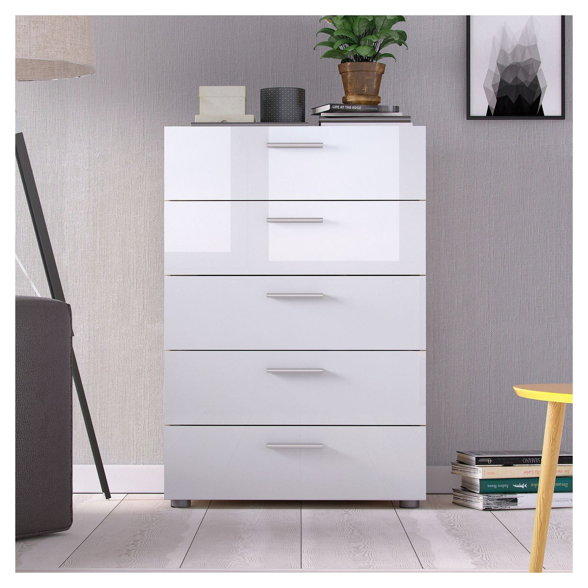 Pepe Chest 5 drawers, Oak look, White high gloss