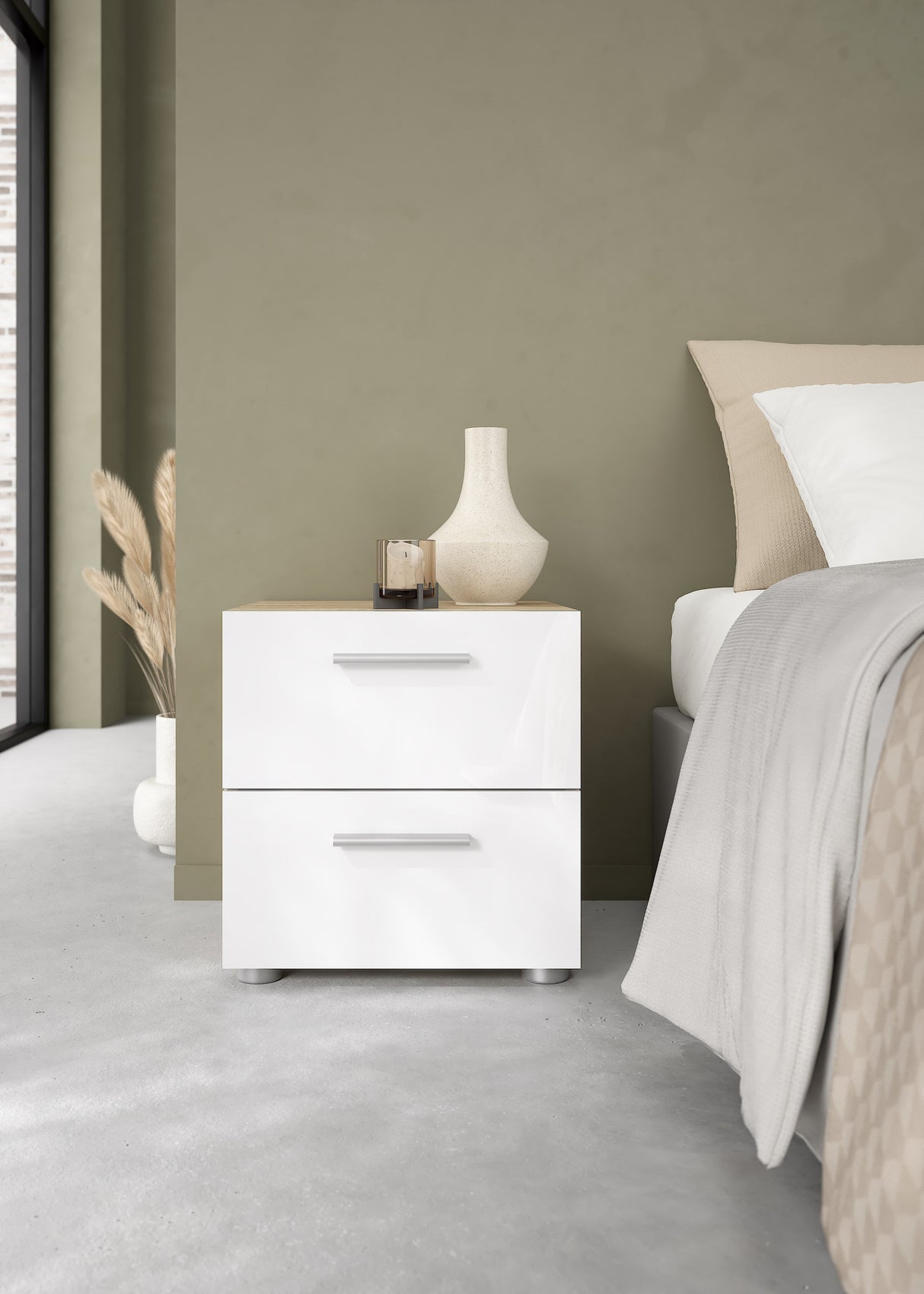 Pepe Bedside table with 2 drawers, 40x40x42, Oak-look/White