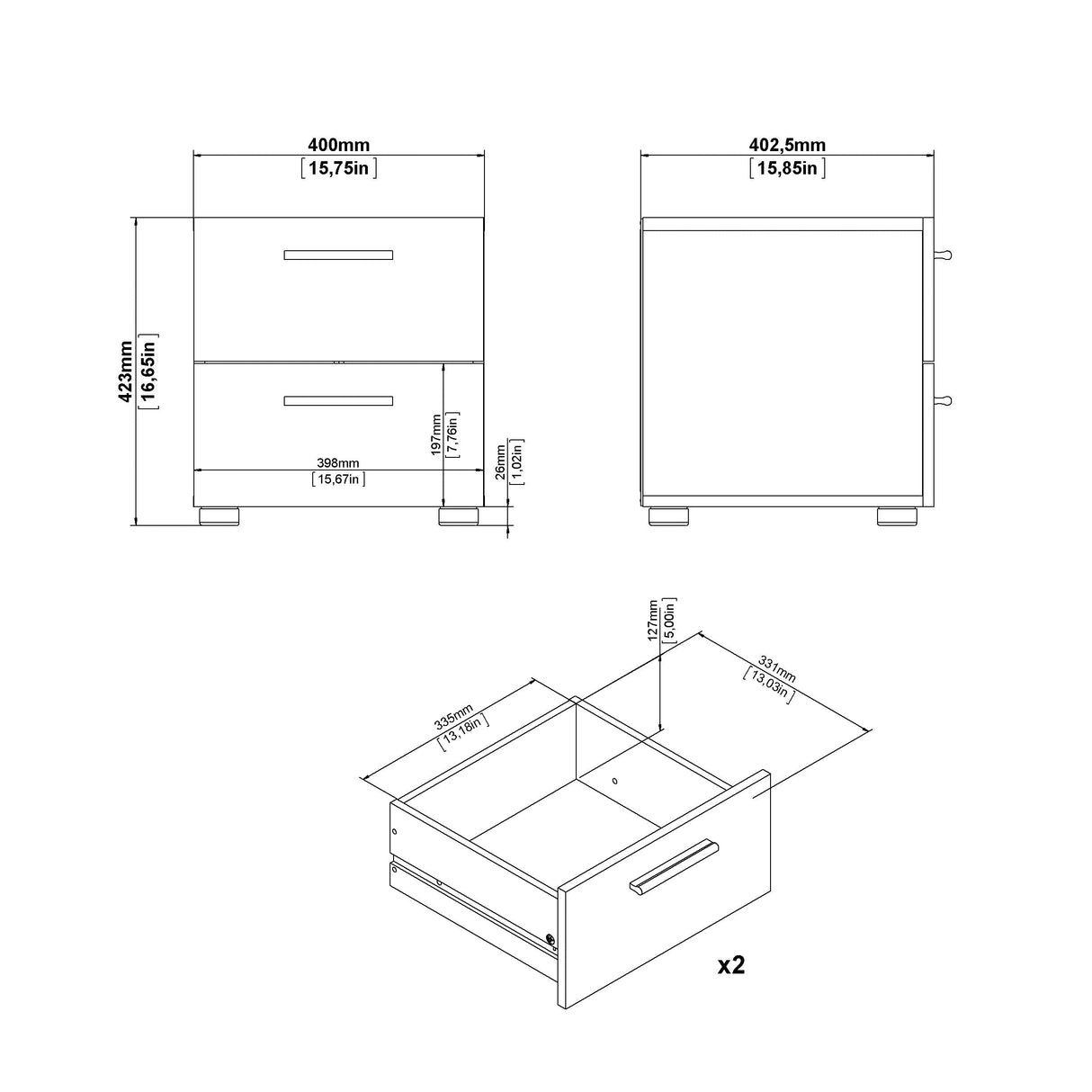 Pepe Bedside table with 2 drawers, 40x40x42, Oak-look/White