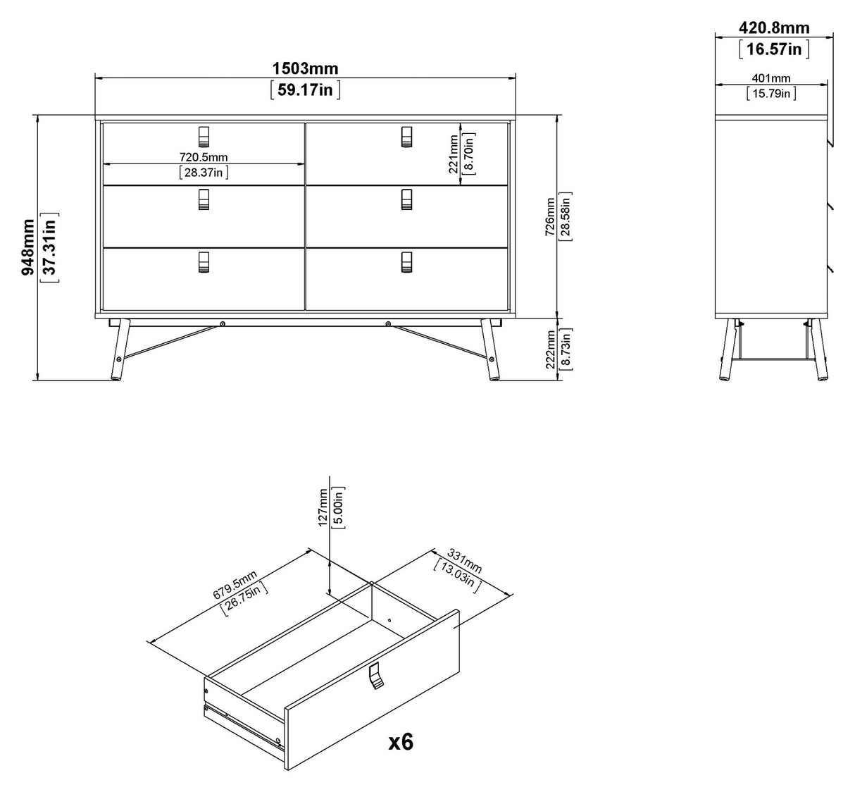 Ry Double chest of drawers 6 drawers, matt black, walnut foil, B: 150