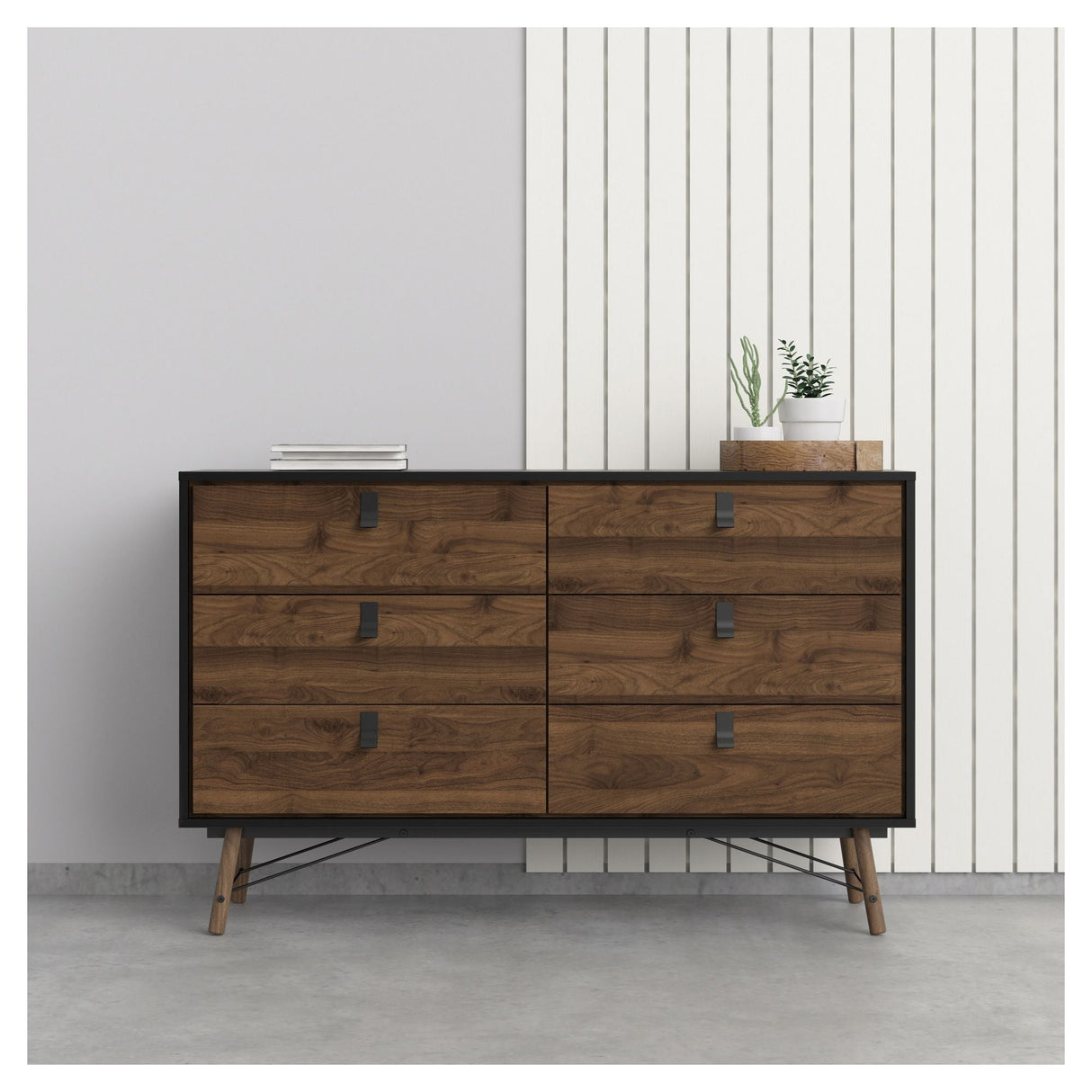 Ry Double chest of drawers 6 drawers, matt black, walnut foil, B: 150