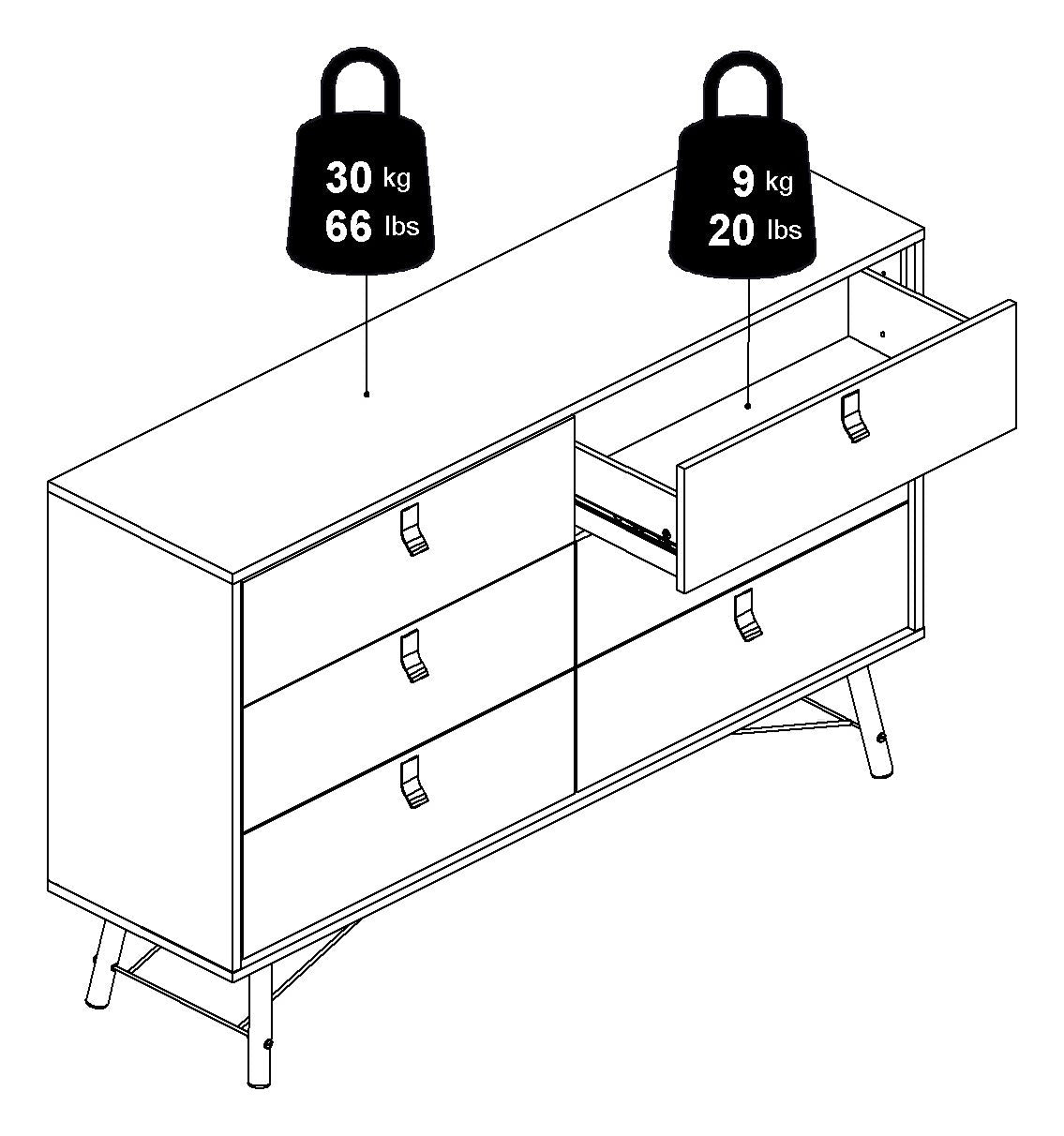 Ry Double chest of drawers 6 drawers, matt black, walnut foil, B: 150