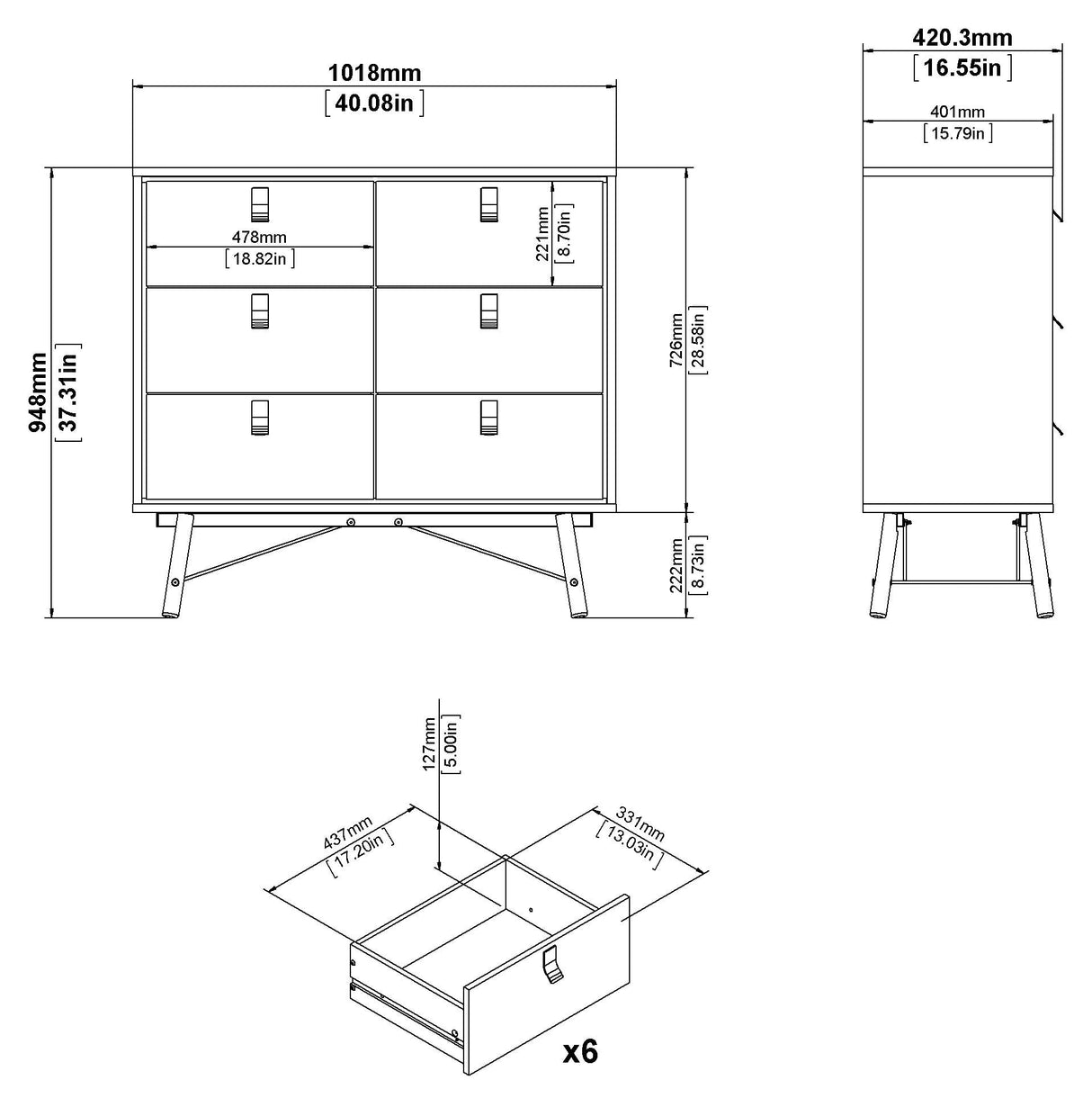 Ry Double Chest of drawers 6 drawers, matte black, walnut foil, B:101