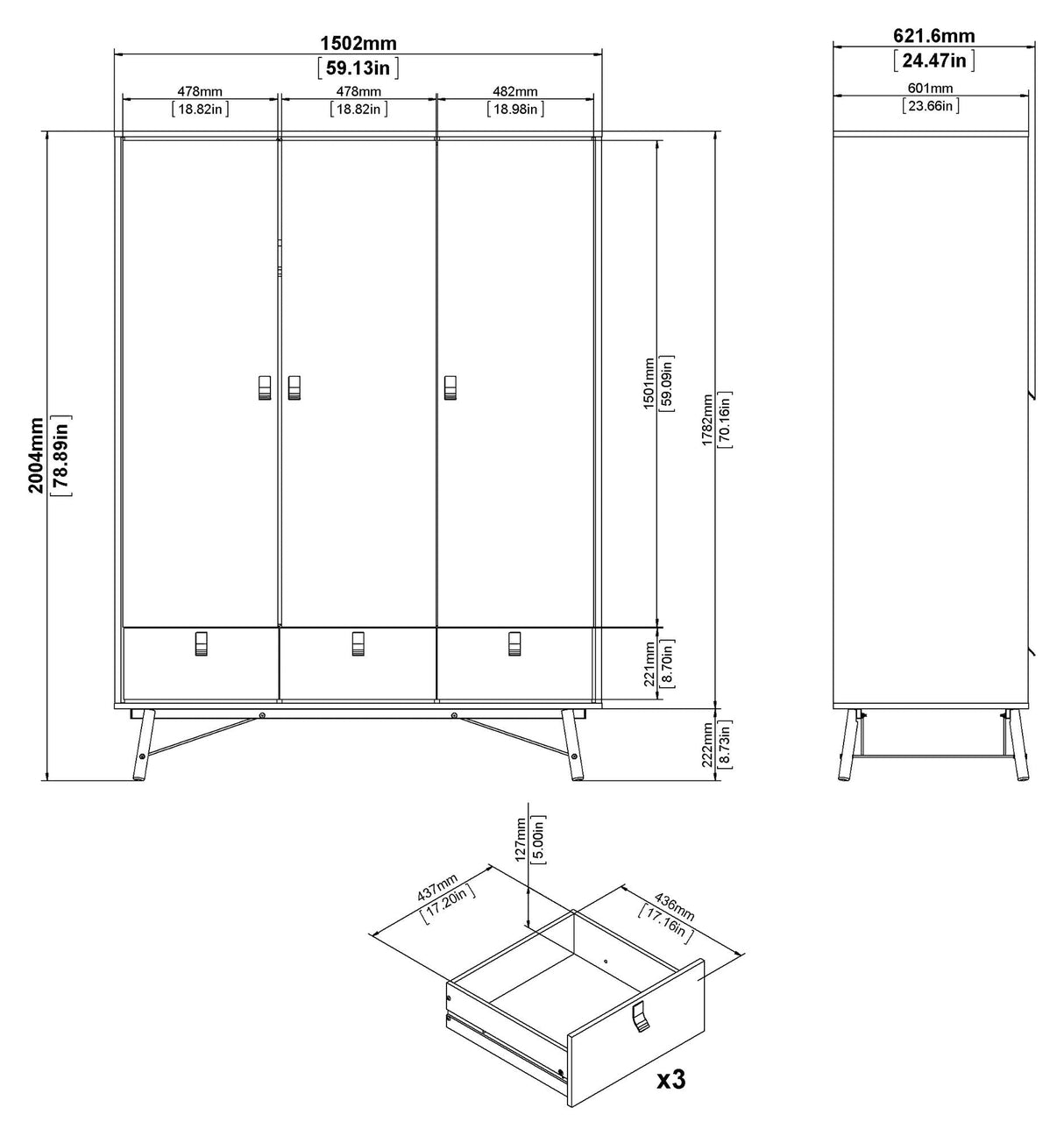 Ry Wardrobe with 3 doors, matt white