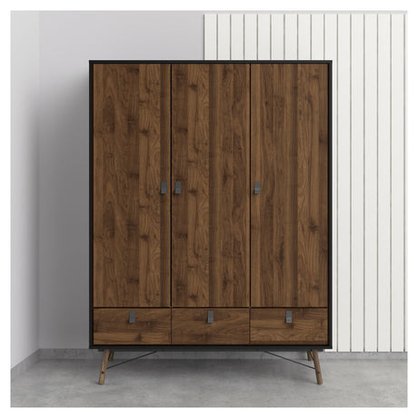 Ry Wardrobe with 3 doors, matt black, Walnut foil