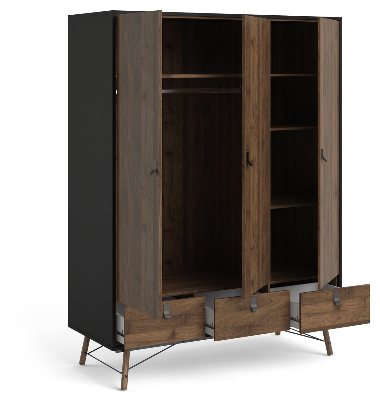 Ry Wardrobe with 3 doors, matt black, Walnut foil