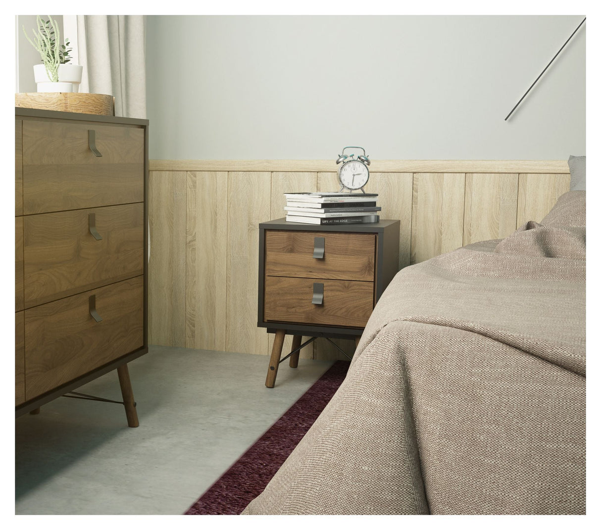 Ry Nightstand, Matt black, Walnut foil